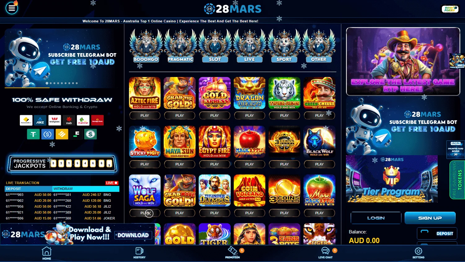 28 Mars Casino desktop casino home screen