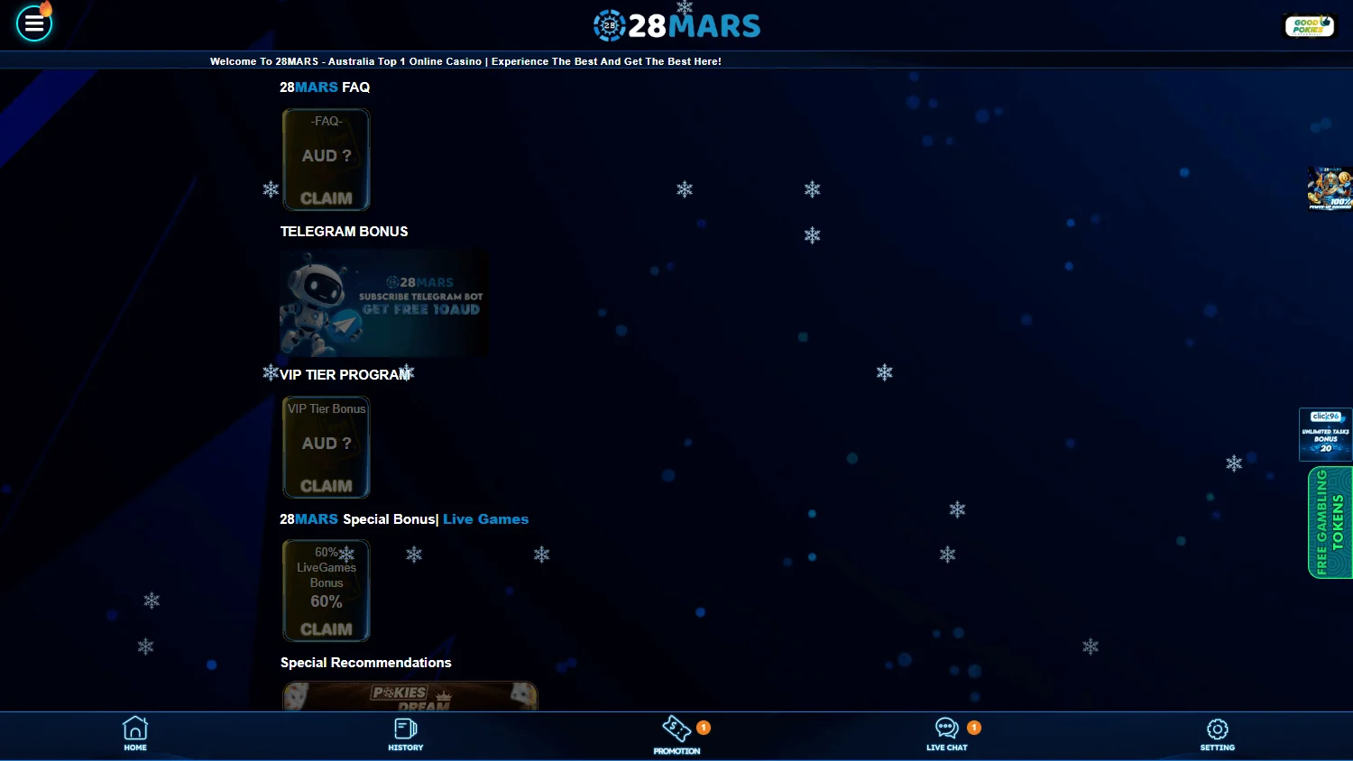 28 Mars Casino desktop promotions screen